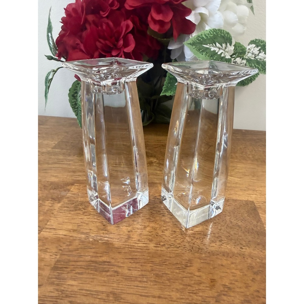 Vintage Marc Aurel Crystal Candle Holders Pair Square Modernist Minimalist - Picture 6 of 7